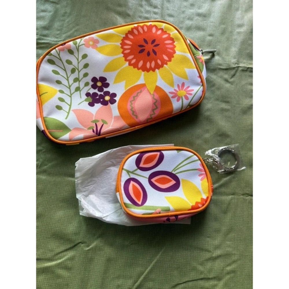 Floral Makeup Bag Set 2 Piece Cosmetic Pouch Coin Purse Keyring